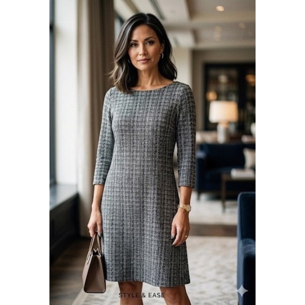 J. Jill Wearever Black White Tweed Print‎ 3/4 Sleeve Knit Dress Medium Petite